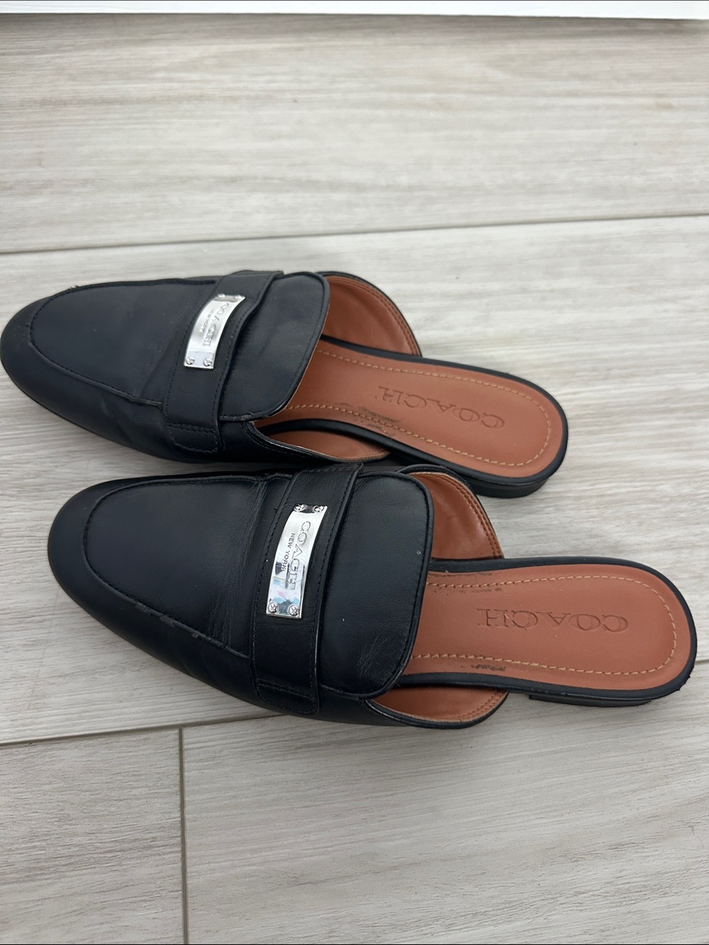 COACH Black Leather Slip-On Mules with Silver Plaque - Picture 4 of 6